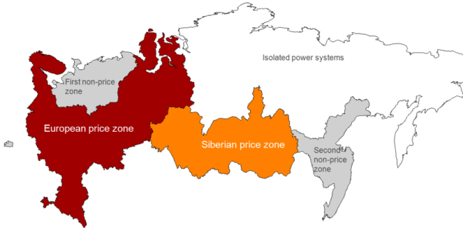 Price zones map of the Wholesale Electricity Market of Russia